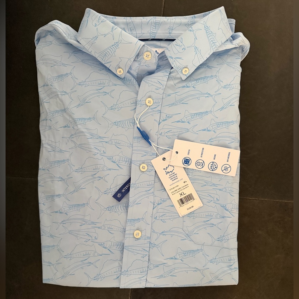 Southern Tide M SS IC Game Fish Sportshirt  Light Blue Fish Print Men's Shirt
